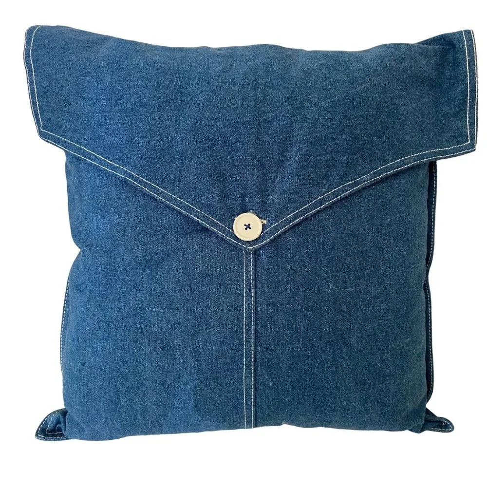 Denim throw pillow button closure blue casual‎ decorative 100% cotton 18
